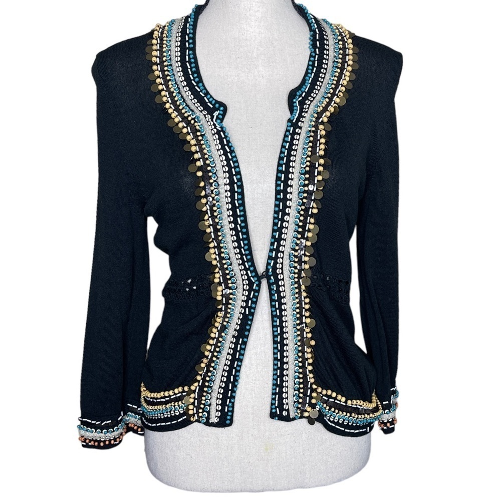 Nanatte Lepore Black Knit Beaded Embellished Cardigan boho Hippe Women's Medium